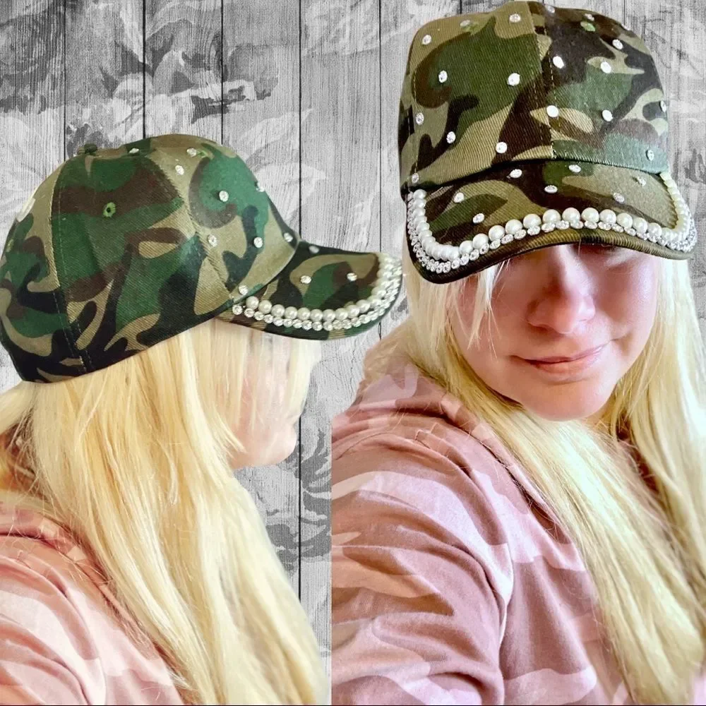 Camo Bling Rhinestone & Pearl Embellished Baseball Cap Hat NEW - Picture 3 of 12